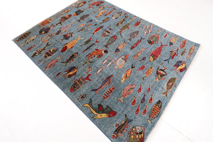 153 x 201 cm | Fish Party Afghan Veg Dye Wool carpet
