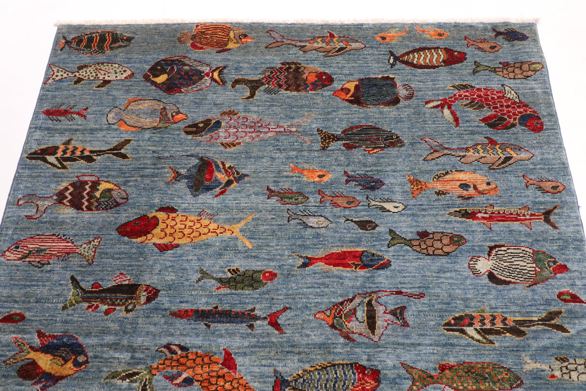 153 x 201 cm | Fish Party Afghan Veg Dye Wool carpet