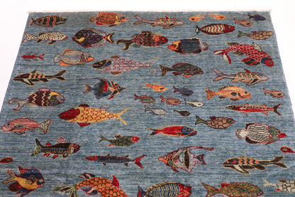 153 x 201 cm | Fish Party Afghan Veg Dye Wool carpet