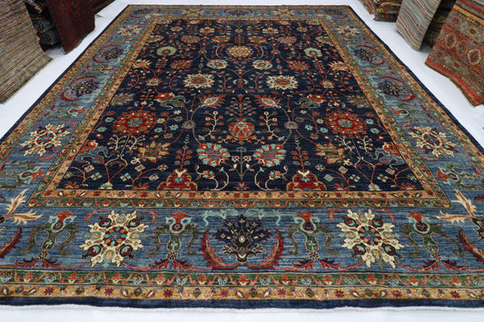 364 x 443 cm | Large Over Size Oriental Floral Navy Blue Afghan Tribal Hand Knotted Wool Carpet