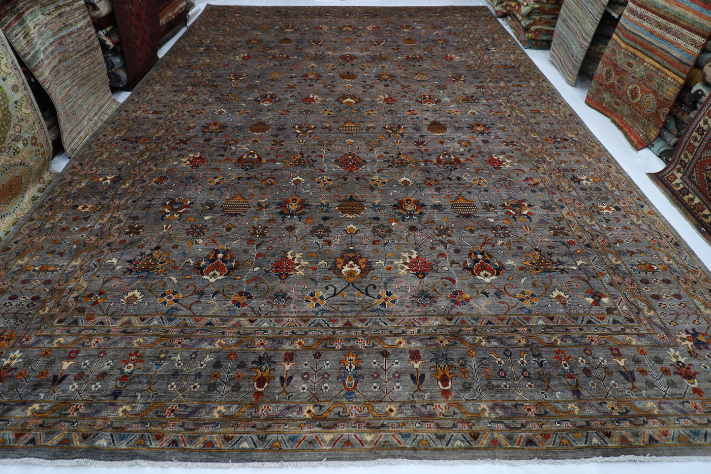 400 x 590 cm | Large Over Size Oriental Floral Gray Afghan Tribal Hand Knotted Wool Carpet