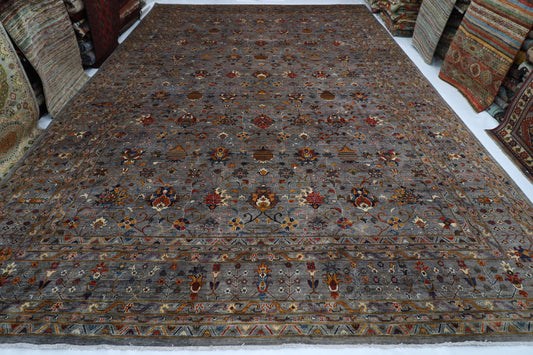400 x 590 cm | Large Over Size Oriental Floral Gray Afghan Tribal Hand Knotted Wool Carpet