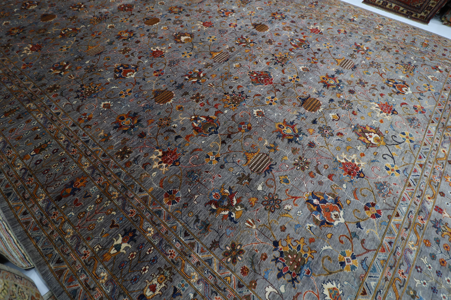 400 x 590 cm | Large Over Size Oriental Floral Gray Afghan Tribal Hand Knotted Wool Carpet