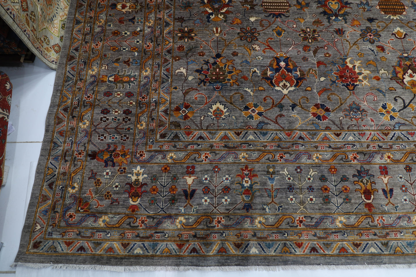 400 x 590 cm | Large Over Size Oriental Floral Gray Afghan Tribal Hand Knotted Wool Carpet