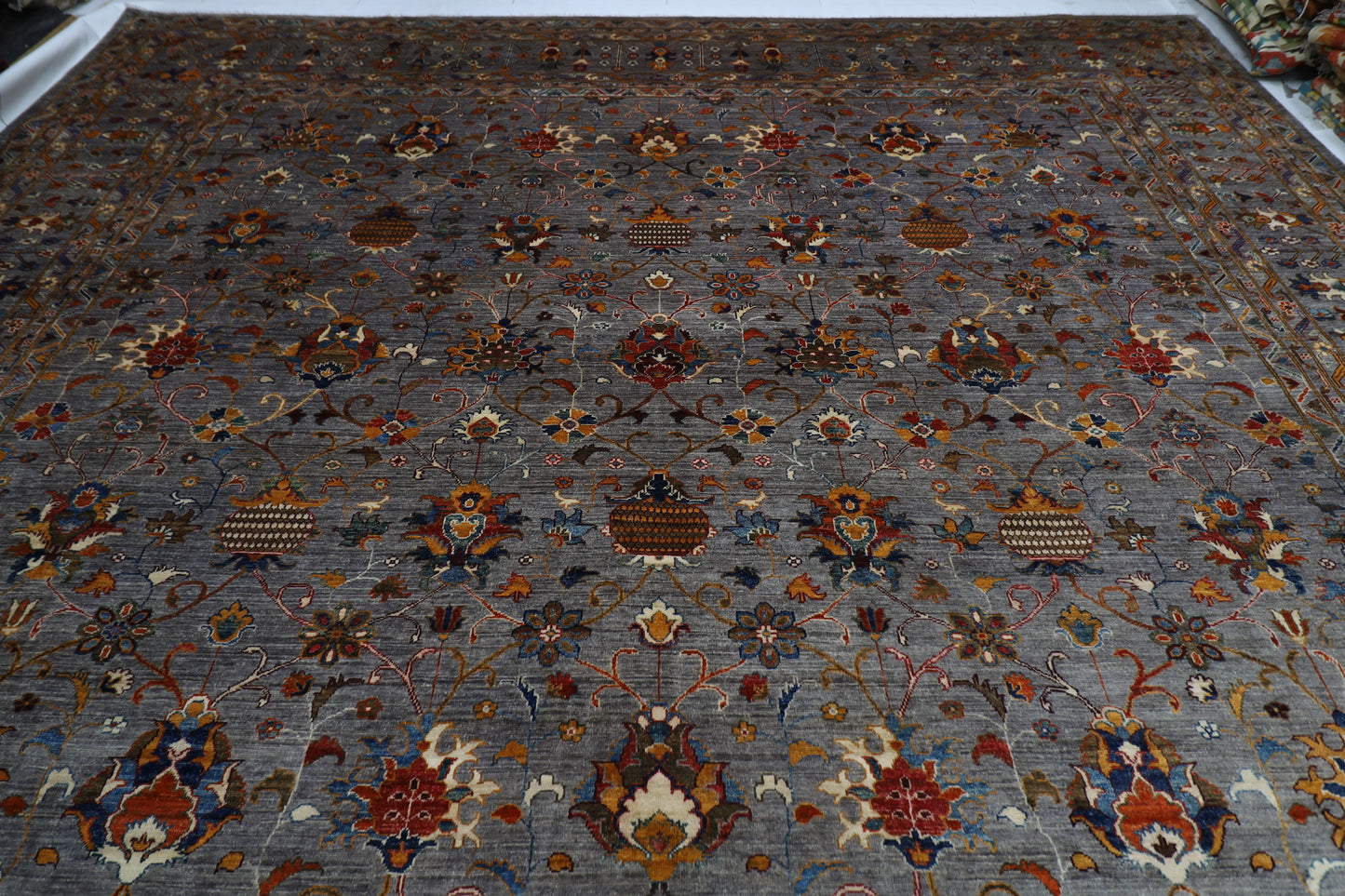 400 x 590 cm | Large Over Size Oriental Floral Gray Afghan Tribal Hand Knotted Wool Carpet