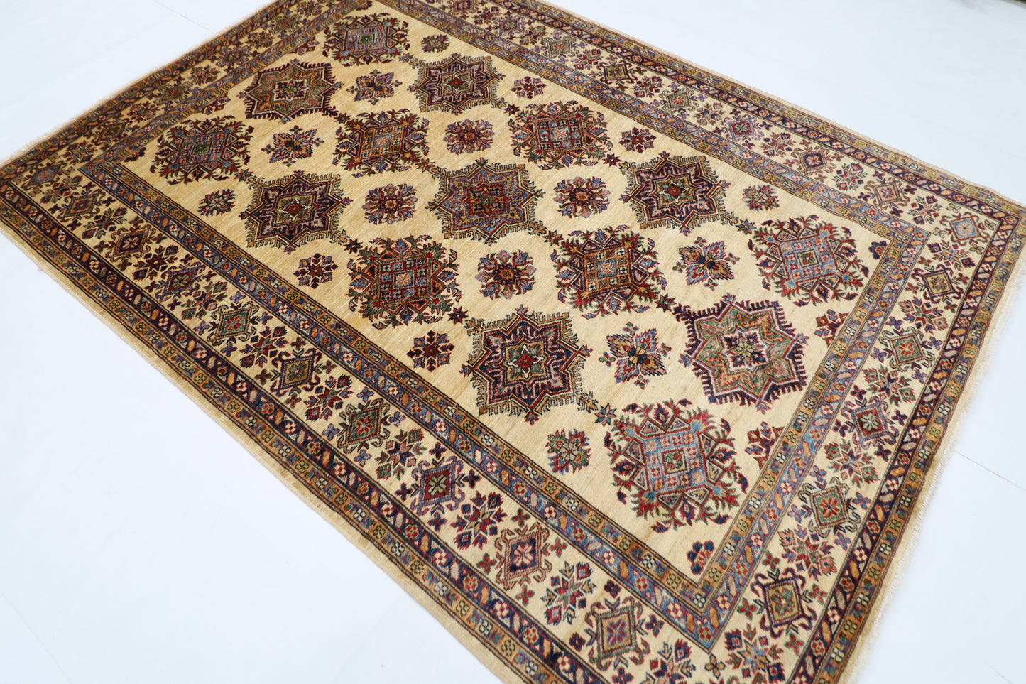 173 x 242 cm | Kazak Beige Afghan Hand Knotted Carpet
