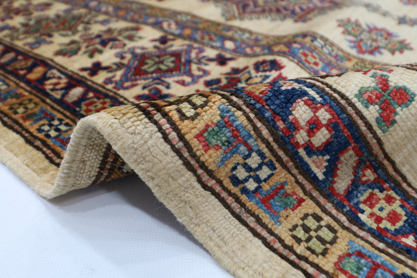 173 x 242 cm | Kazak Beige Afghan Hand Knotted Carpet