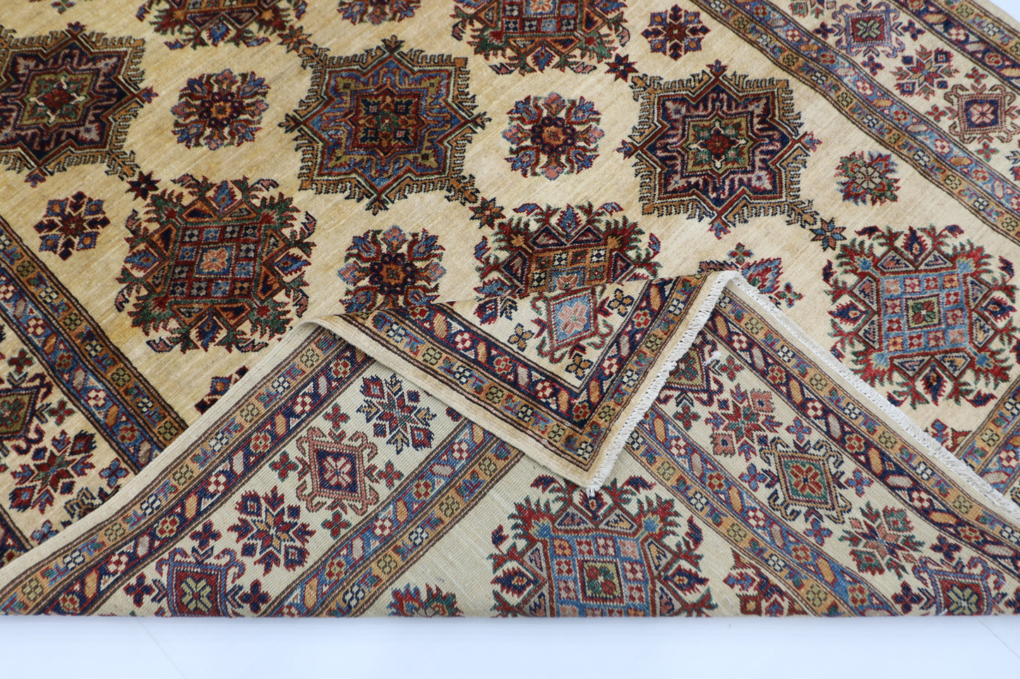 173 x 242 cm | Kazak Beige Afghan Hand Knotted Carpet