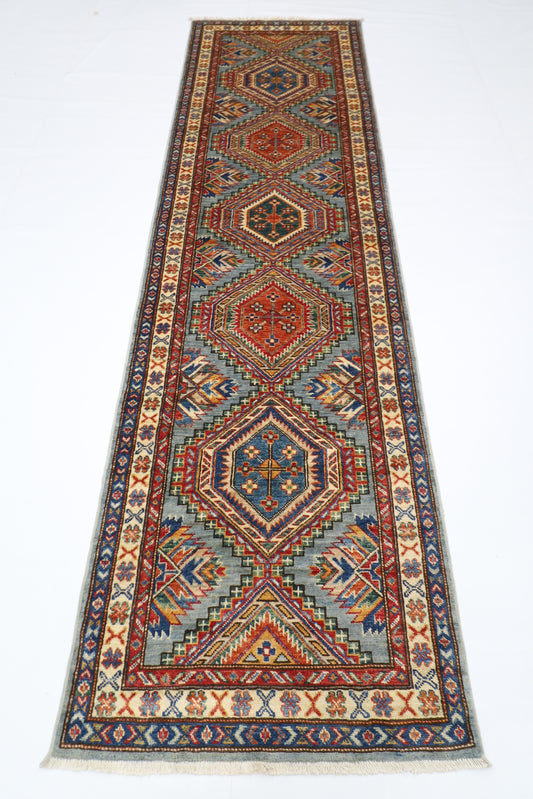 80 x 289 cm | Kazak Blueish Grey Afghan Hand Knotted Runner