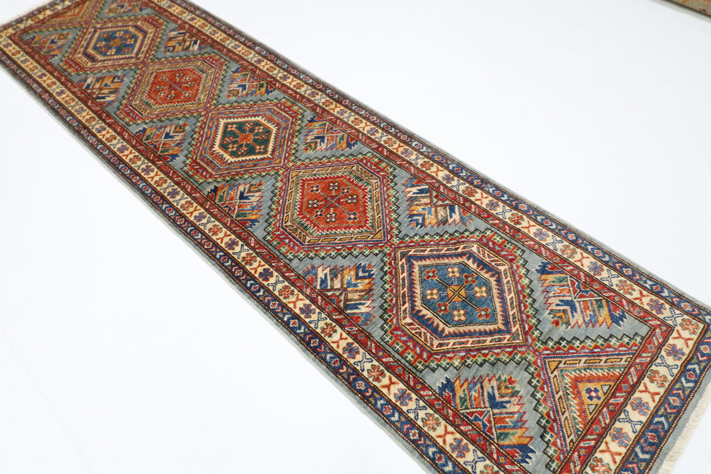 80 x 289 cm | Kazak Blueish Grey Afghan Hand Knotted Runner