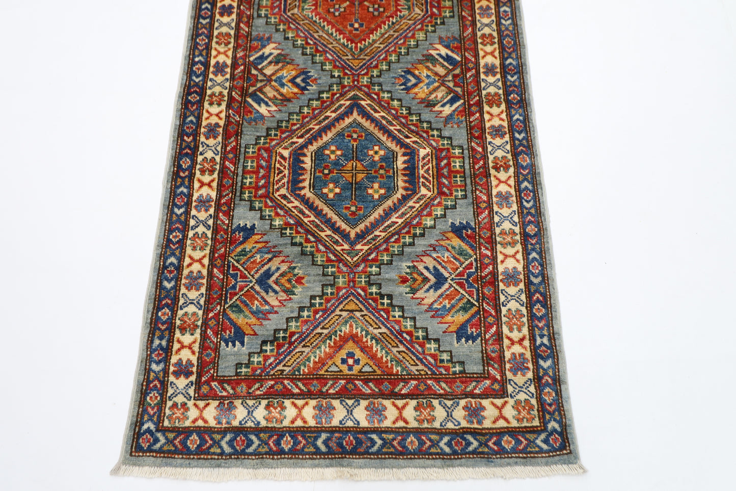 80 x 289 cm | Kazak Blueish Grey Afghan Hand Knotted Runner