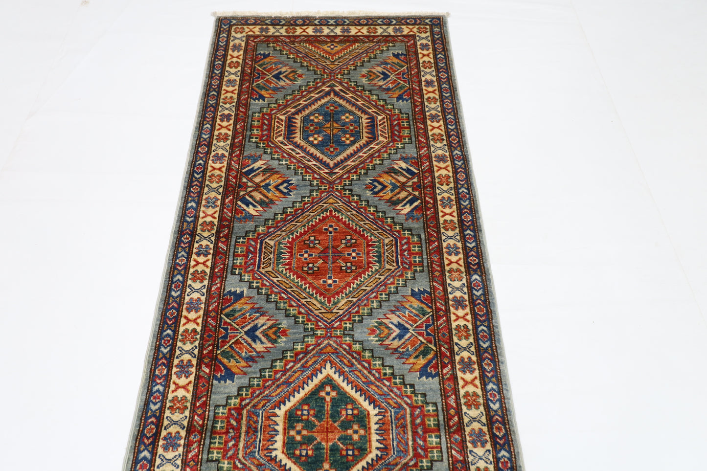 80 x 289 cm | Kazak Blueish Grey Afghan Hand Knotted Runner