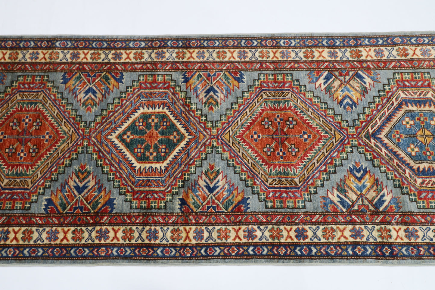 80 x 289 cm | Kazak Blueish Grey Afghan Hand Knotted Runner