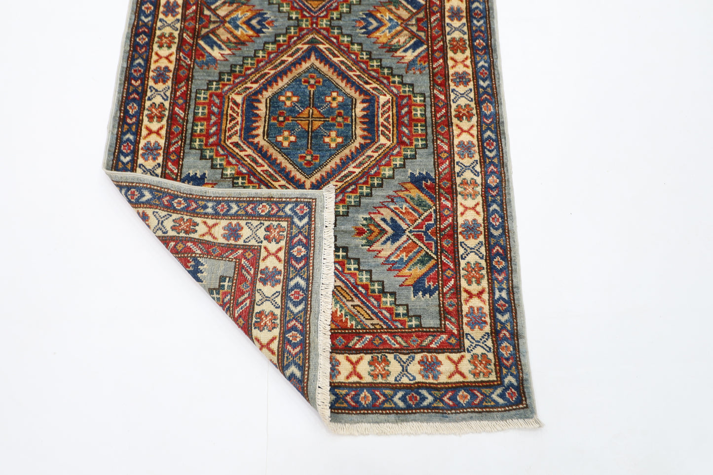 80 x 289 cm | Kazak Blueish Grey Afghan Hand Knotted Runner