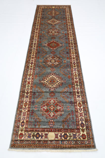 86 x 304 cm | Kazak Blueish Grey Afghan Hand Knotted Runner