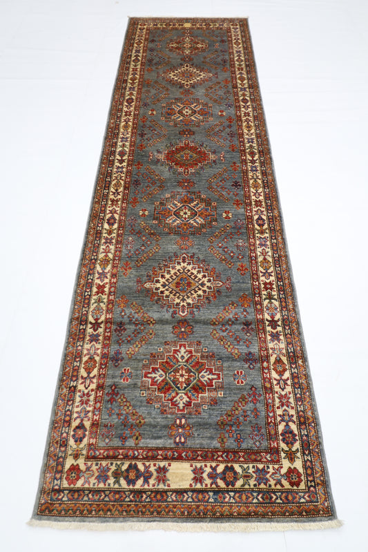 86 x 304 cm | Kazak Blueish Grey Afghan Hand Knotted Runner