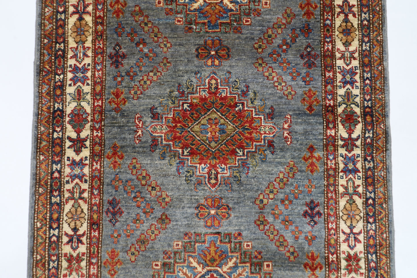 86 x 304 cm | Kazak Blueish Grey Afghan Hand Knotted Runner