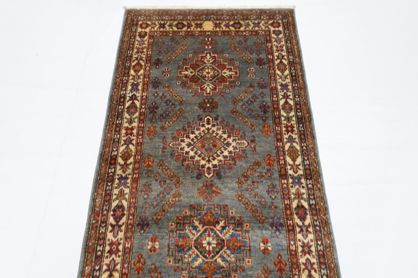 86 x 304 cm | Kazak Blueish Grey Afghan Hand Knotted Runner