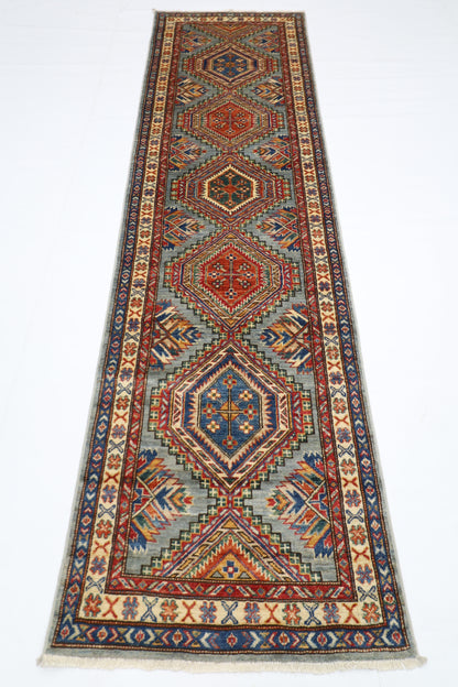 79 x 289 cm | Kazak Blueish Grey Afghan Hand Knotted Runner