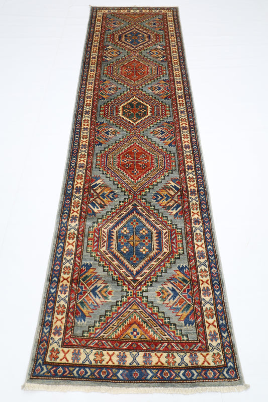 79 x 289 cm | Kazak Blueish Grey Afghan Hand Knotted Runner