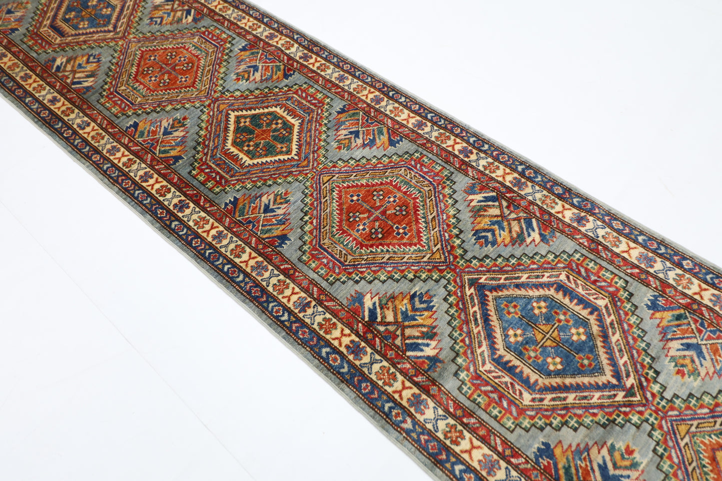 79 x 289 cm | Kazak Blueish Grey Afghan Hand Knotted Runner