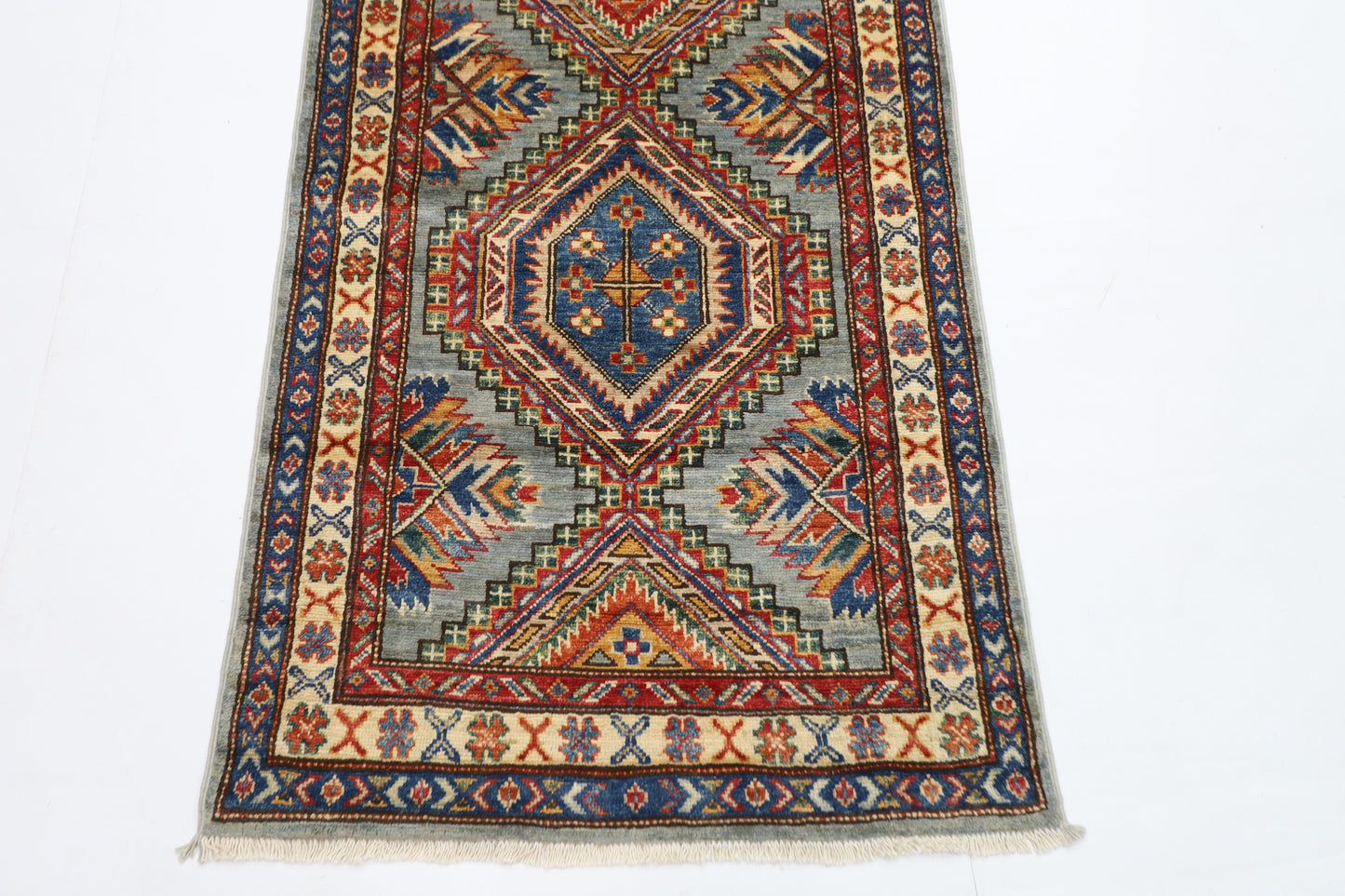 79 x 289 cm | Kazak Blueish Grey Afghan Hand Knotted Runner