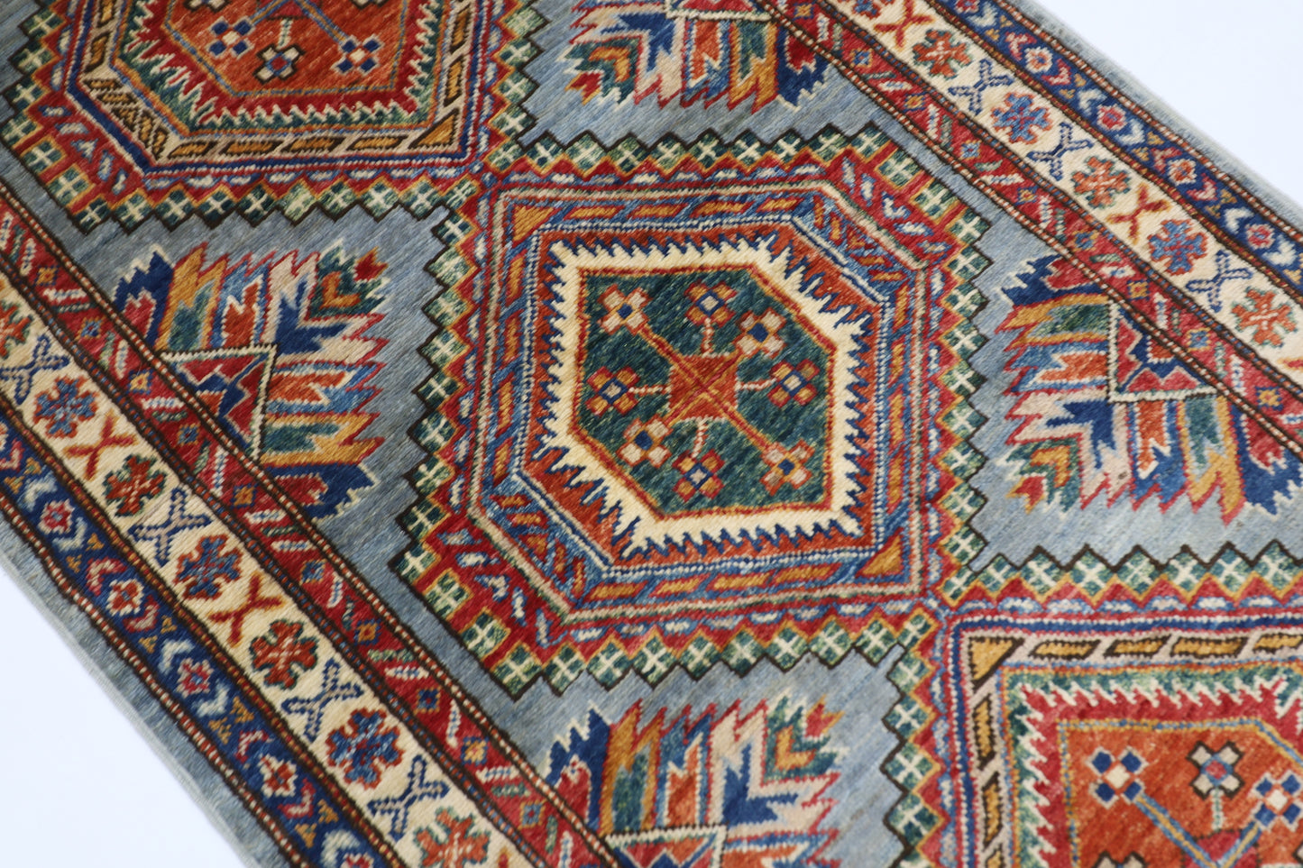79 x 289 cm | Kazak Blueish Grey Afghan Hand Knotted Runner