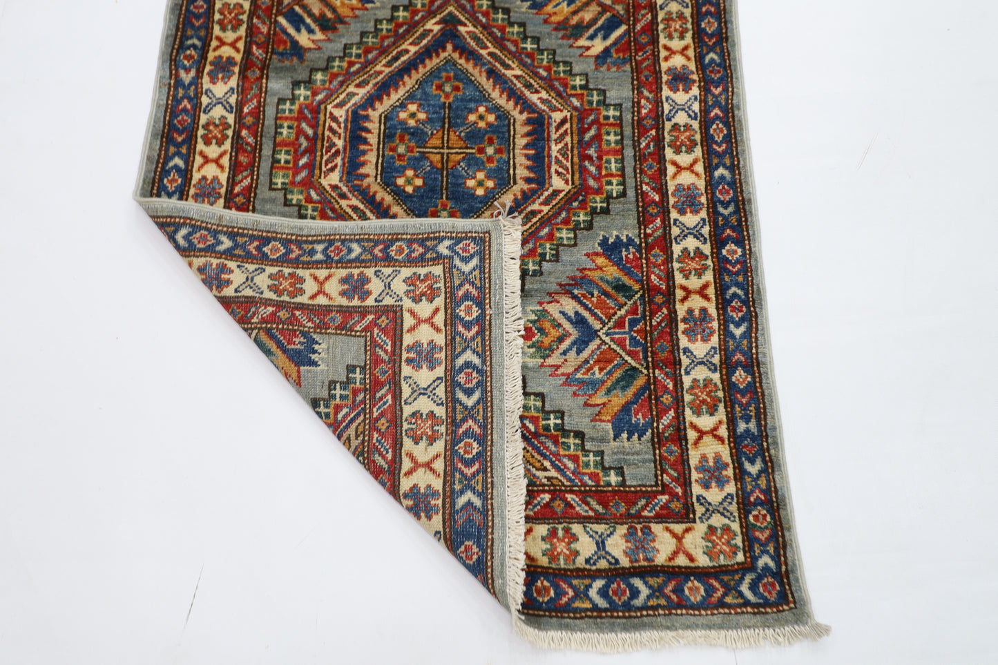 79 x 289 cm | Kazak Blueish Grey Afghan Hand Knotted Runner