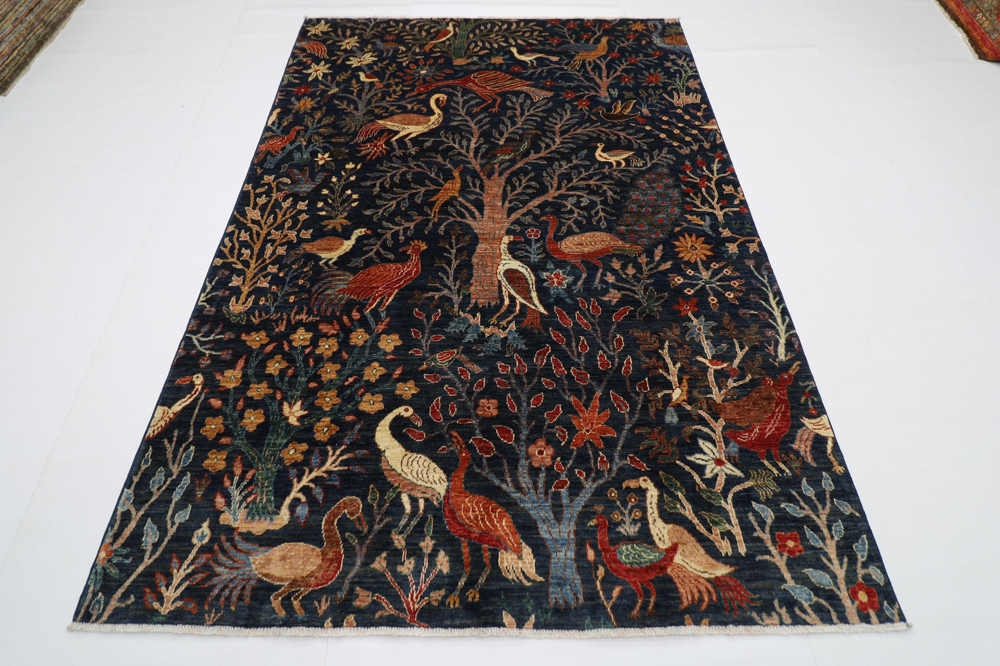 172 x 250 cm | Oriental Birds Navy Blue Afghan Tribal Hand Knotted Wool Carpet