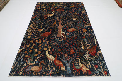 172 x 250 cm | Oriental Birds Navy Blue Afghan Tribal Hand Knotted Wool Carpet