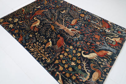 172 x 250 cm | Oriental Birds Navy Blue Afghan Tribal Hand Knotted Wool Carpet
