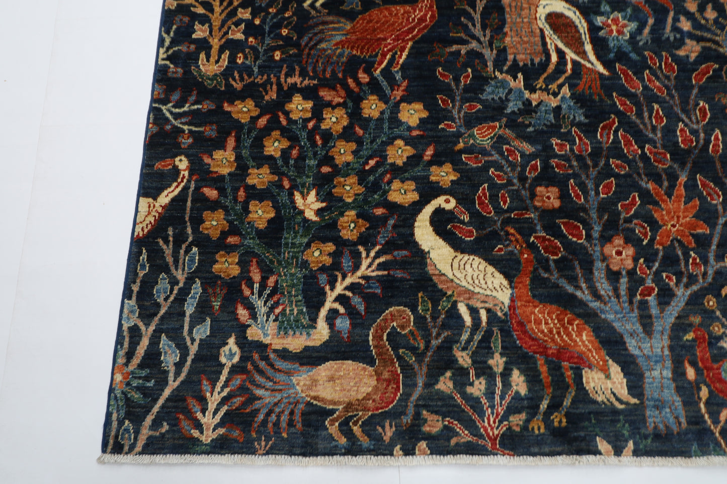 172 x 250 cm | Oriental Birds Navy Blue Afghan Tribal Hand Knotted Wool Carpet