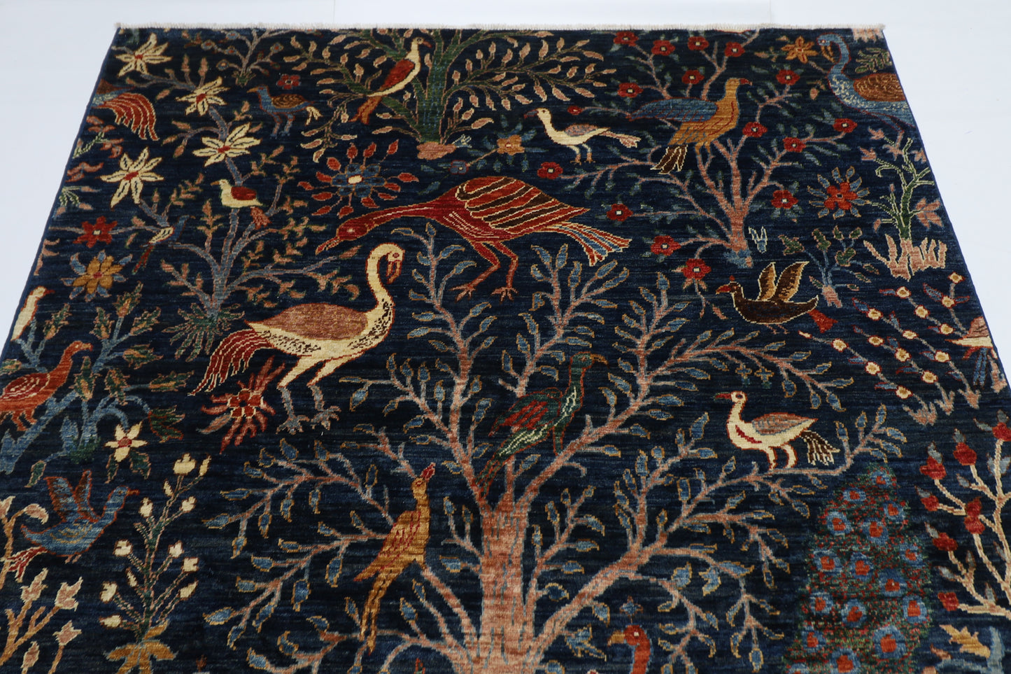 172 x 250 cm | Oriental Birds Navy Blue Afghan Tribal Hand Knotted Wool Carpet