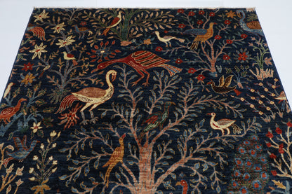 172 x 250 cm | Oriental Birds Navy Blue Afghan Tribal Hand Knotted Wool Carpet