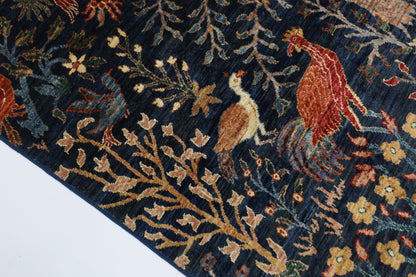 172 x 250 cm | Oriental Birds Navy Blue Afghan Tribal Hand Knotted Wool Carpet