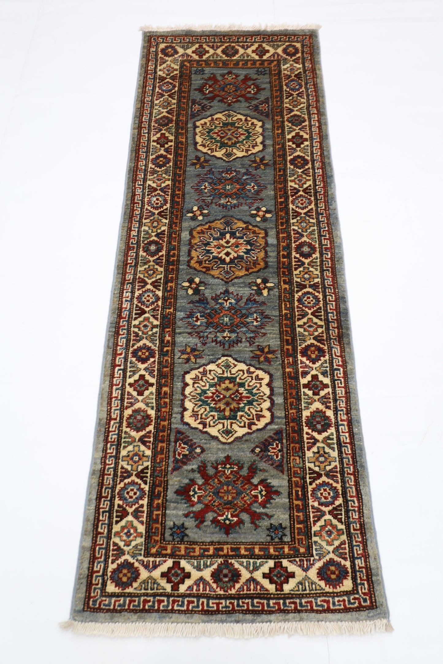 59 x 170 cm | Kazak Blueish Grey Afghan Hand Knotted Runner