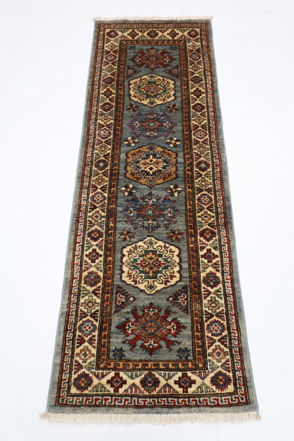 59 x 170 cm | Kazak Blueish Grey Afghan Hand Knotted Runner