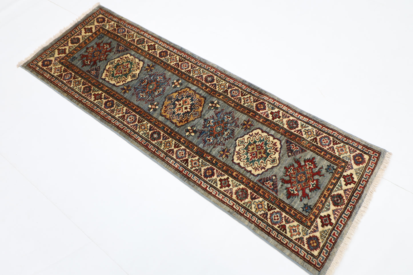 59 x 170 cm | Kazak Blueish Grey Afghan Hand Knotted Runner