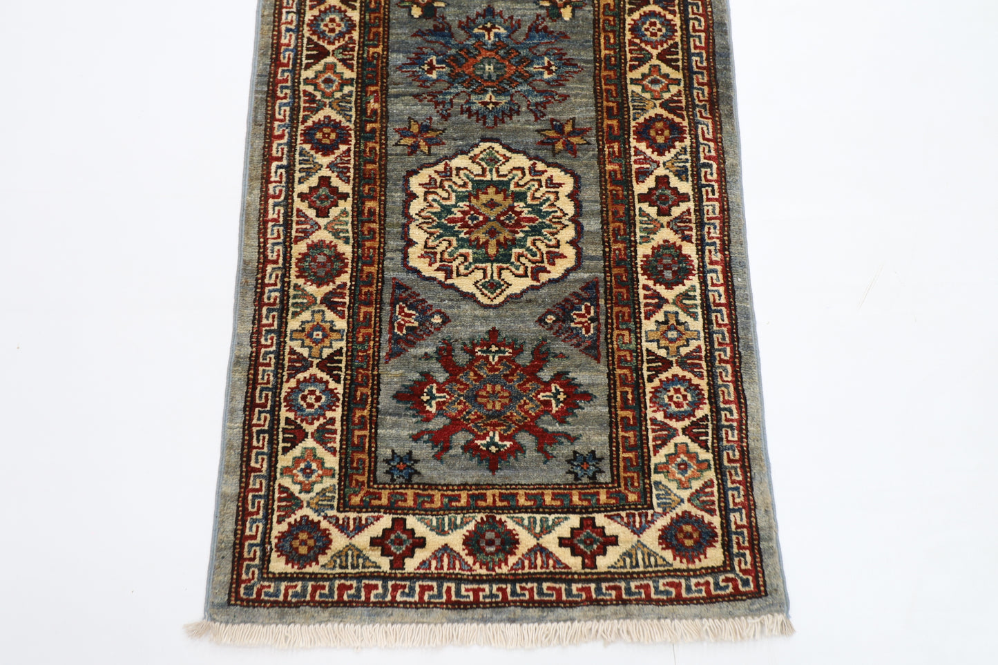 59 x 170 cm | Kazak Blueish Grey Afghan Hand Knotted Runner