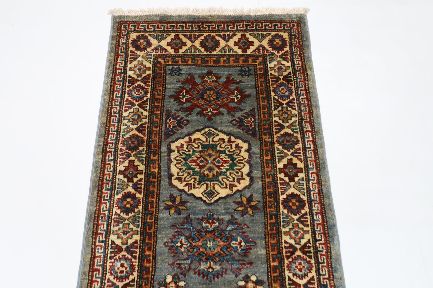 59 x 170 cm | Kazak Blueish Grey Afghan Hand Knotted Runner
