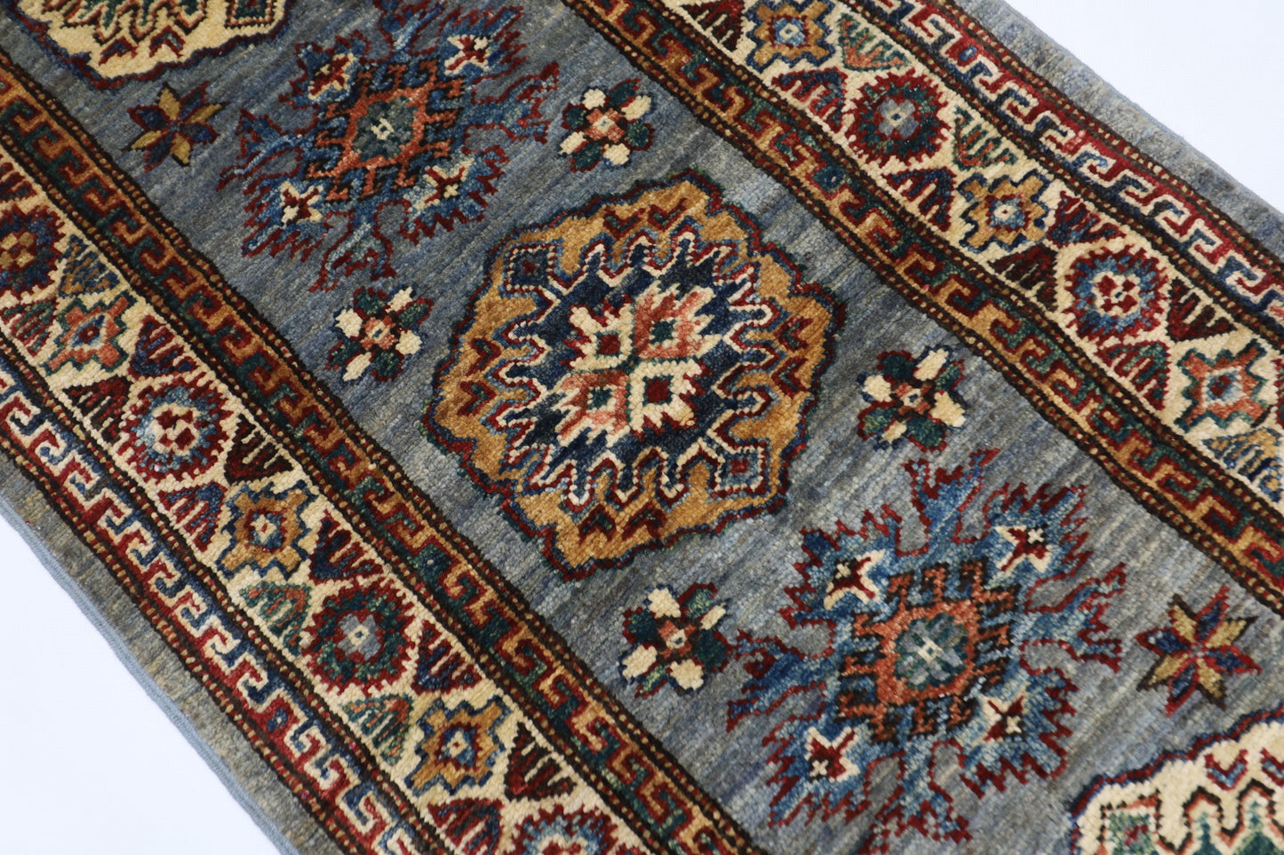 59 x 170 cm | Kazak Blueish Grey Afghan Hand Knotted Runner