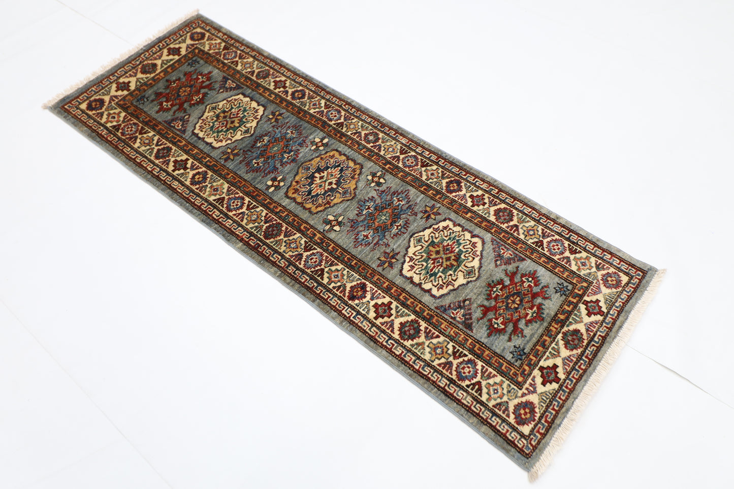 62 x 171 cm | Kazak Blueish Grey Afghan Hand Knotted Runner