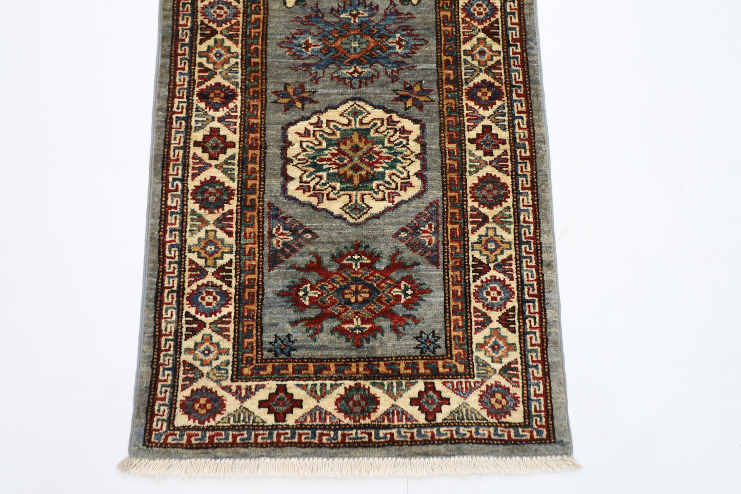 62 x 171 cm | Kazak Blueish Grey Afghan Hand Knotted Runner