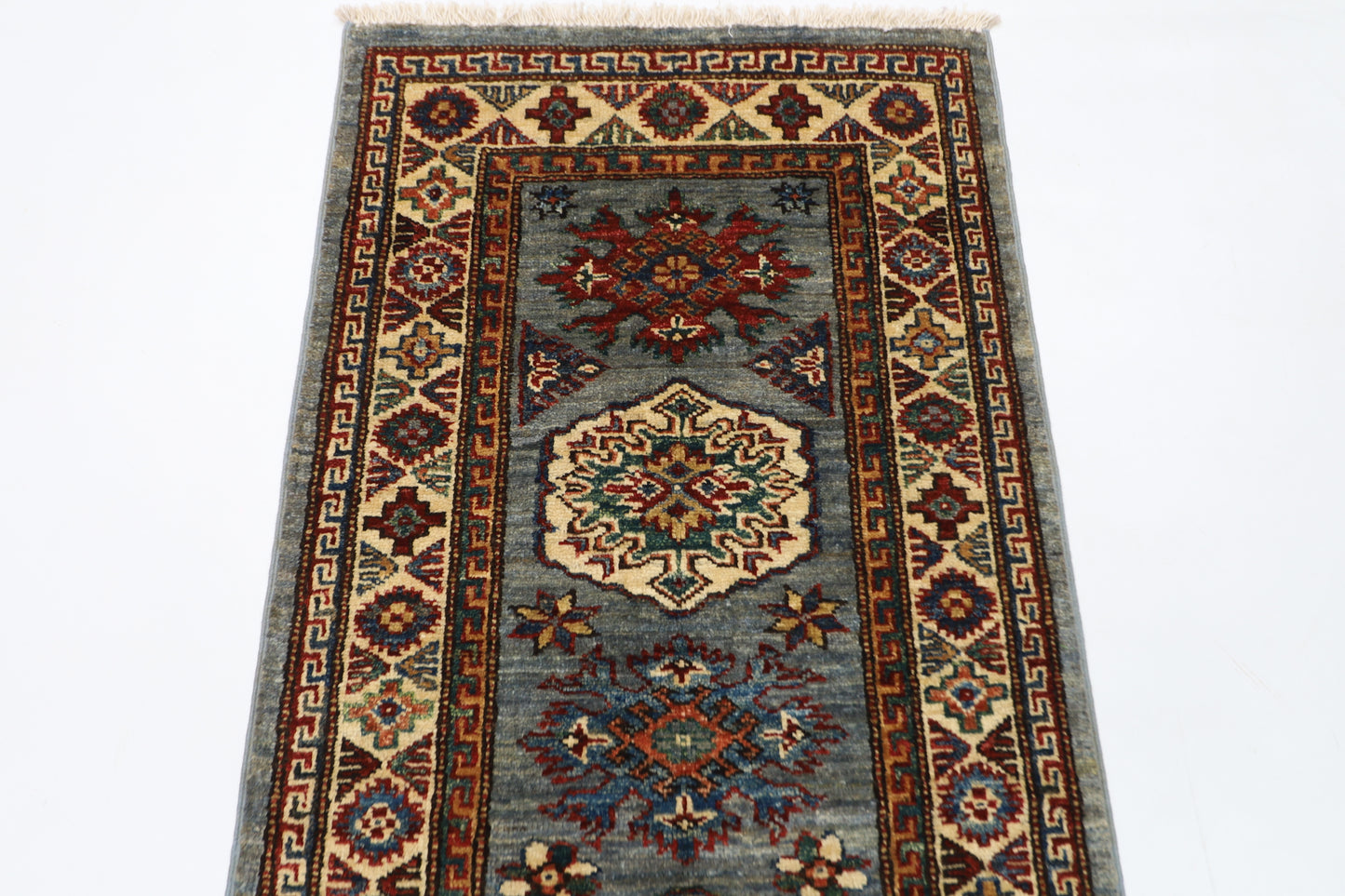 62 x 171 cm | Kazak Blueish Grey Afghan Hand Knotted Runner