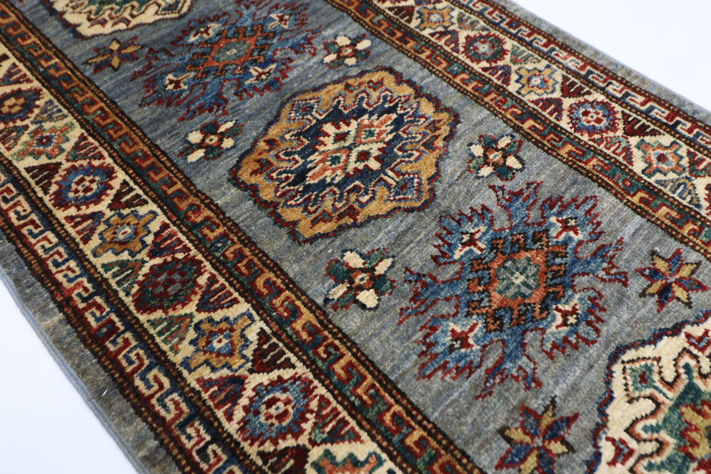 62 x 171 cm | Kazak Blueish Grey Afghan Hand Knotted Runner