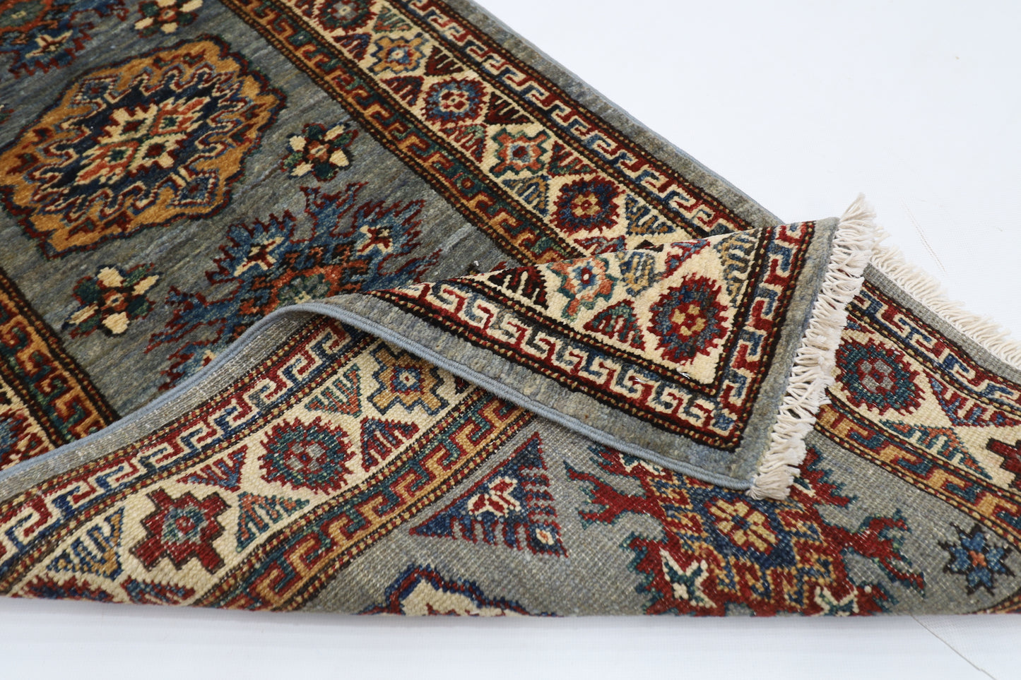 62 x 171 cm | Kazak Blueish Grey Afghan Hand Knotted Runner