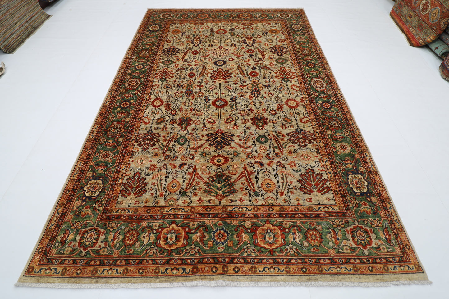 200 x 308 cm | Oriental floral Olive Green Afghan Tribal Hand Knotted Wool Carpet