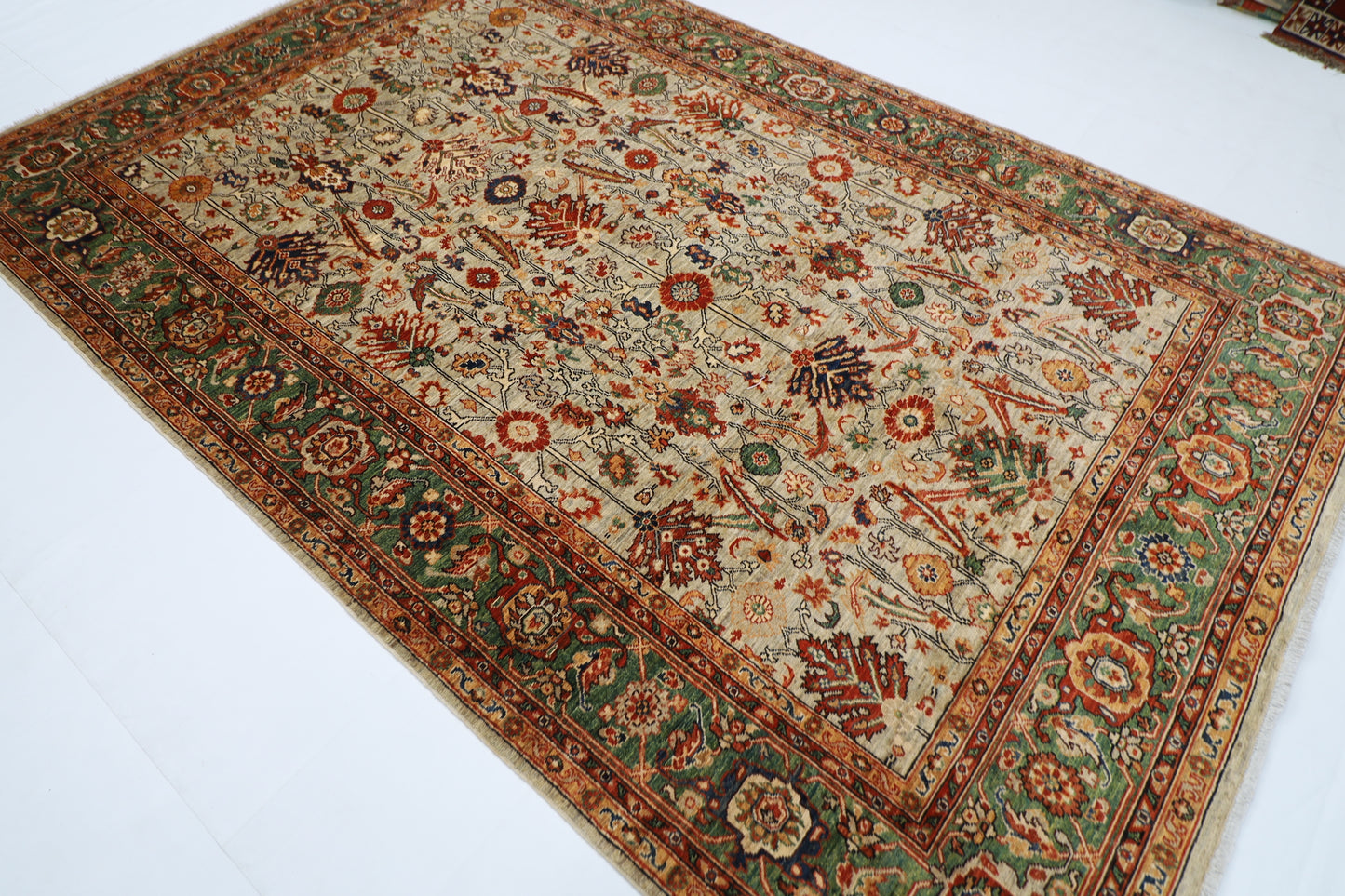 200 x 308 cm | Oriental floral Olive Green Afghan Tribal Hand Knotted Wool Carpet