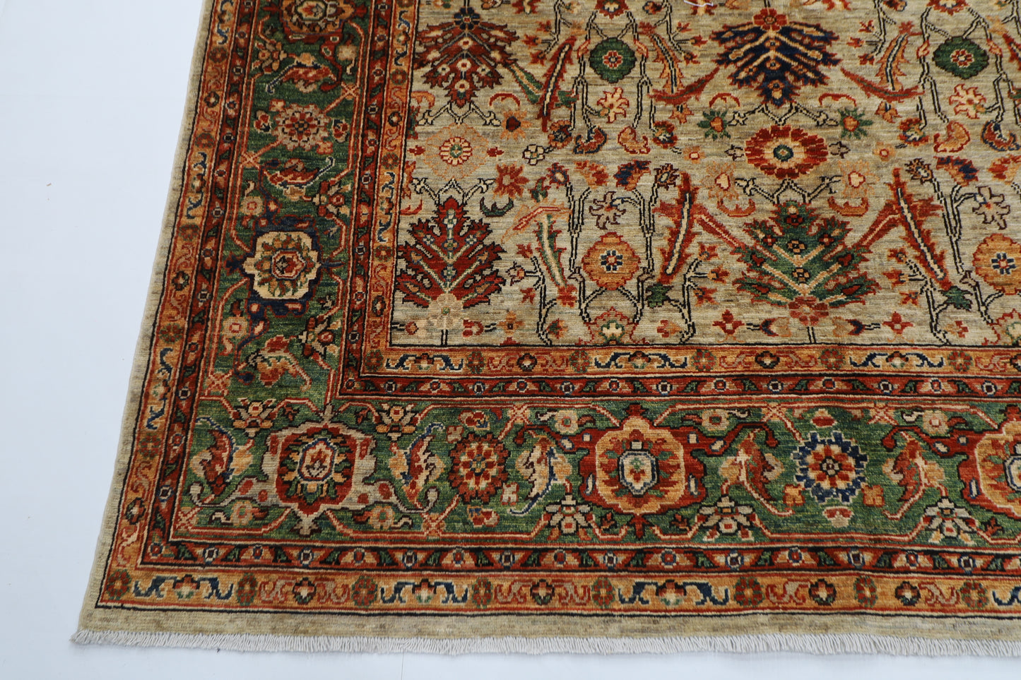 200 x 308 cm | Oriental floral Olive Green Afghan Tribal Hand Knotted Wool Carpet