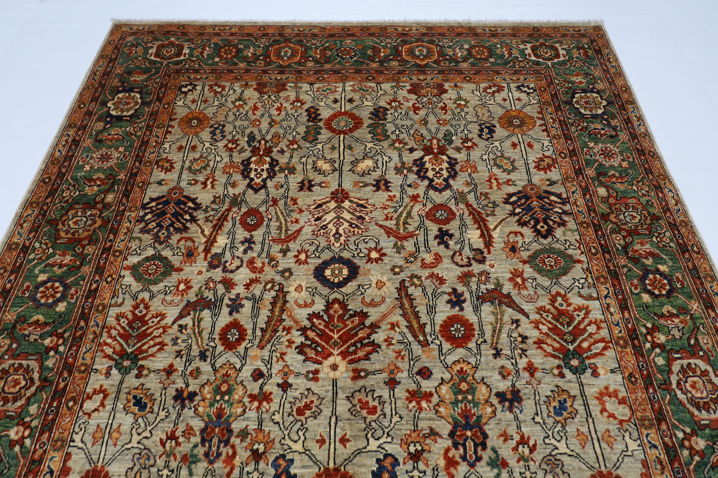 200 x 308 cm | Oriental floral Olive Green Afghan Tribal Hand Knotted Wool Carpet